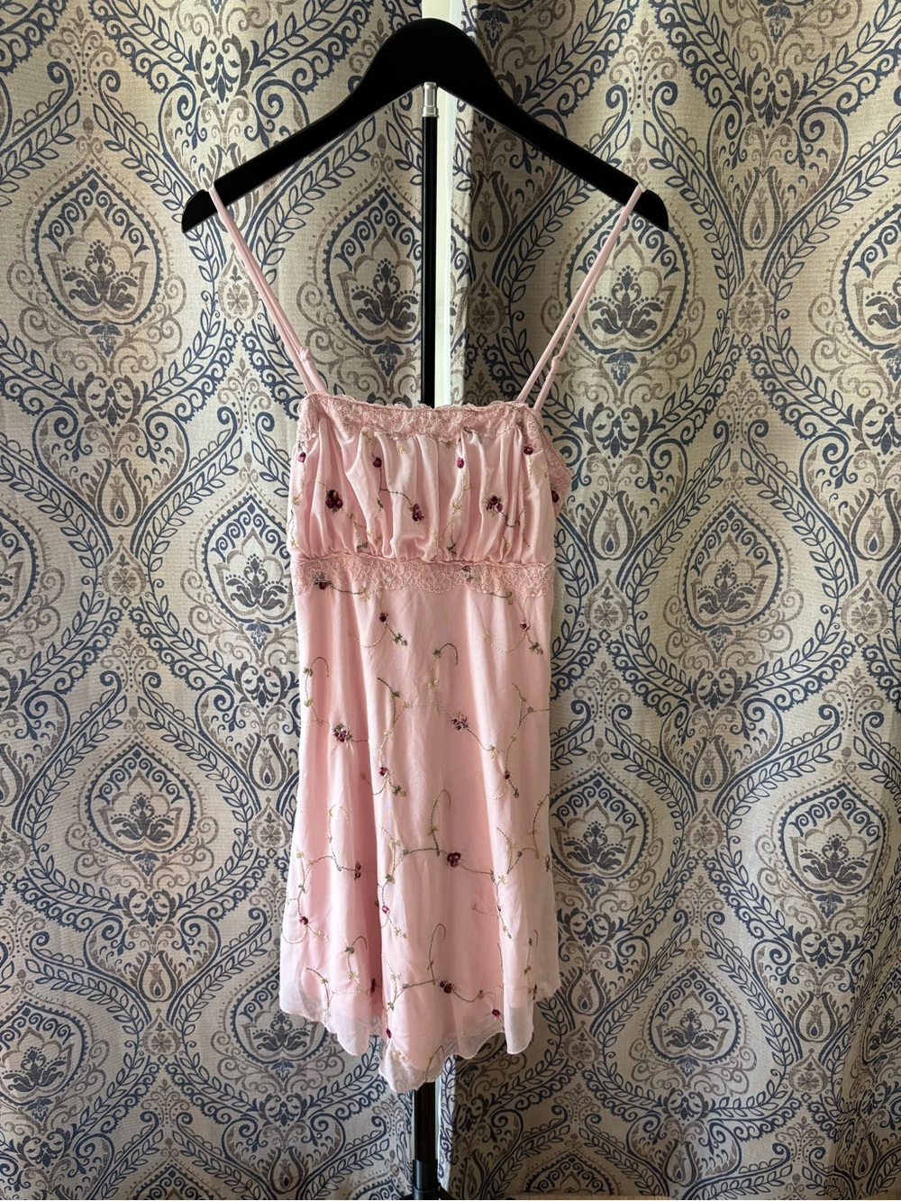 Pink Floral Embroidered Mini Slip Dress